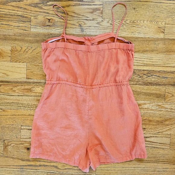 Mango Size XL 100% Linen Romper Orange Tie Waist Utility Pockets Tank Buttons - Picture 6 of 8
